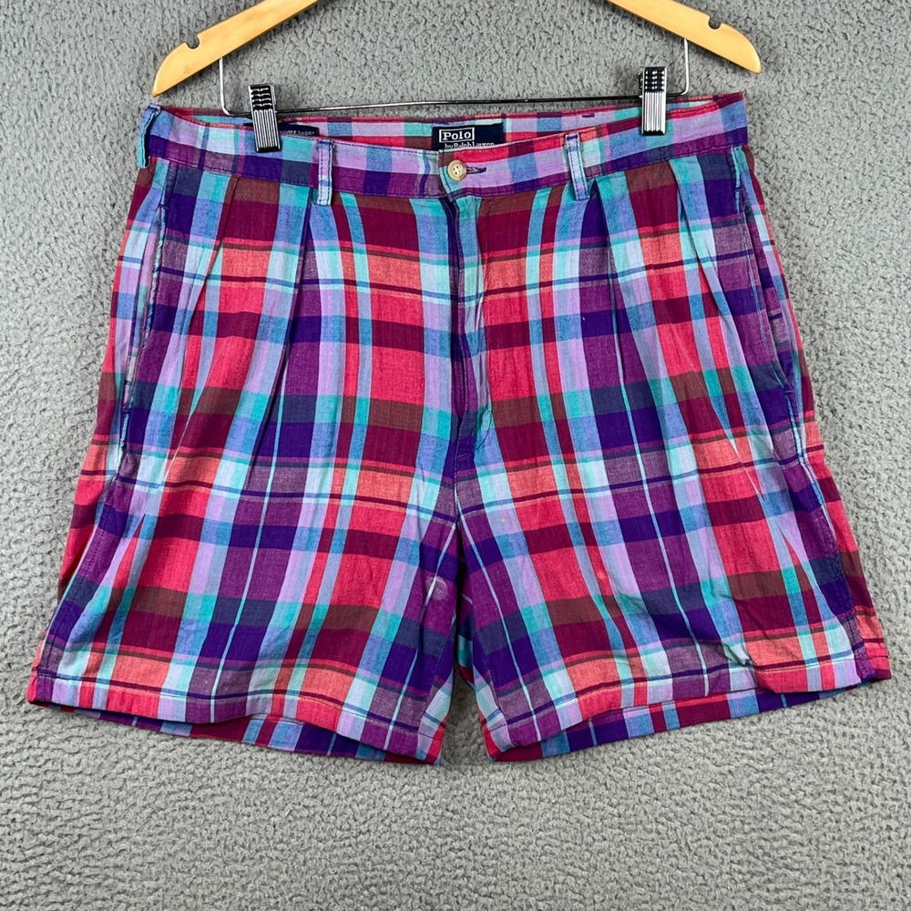 Vintage Polo Ralph Lauren Classic Golf Short Mens 34 Plaid Pleated Made in USA